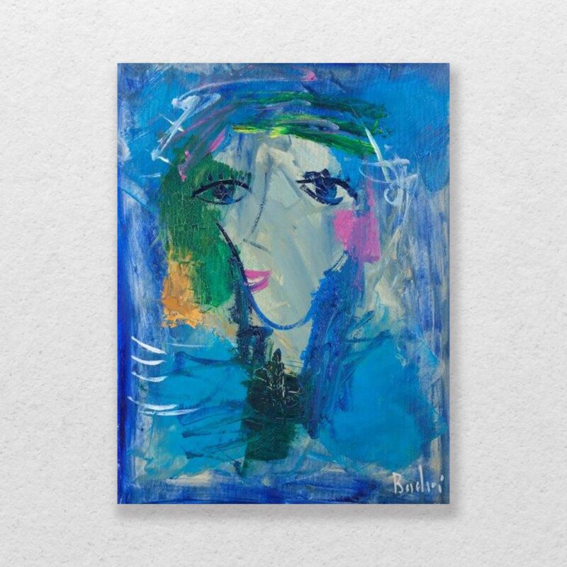 badri painting blue lady, small painting , face painting, expressionism