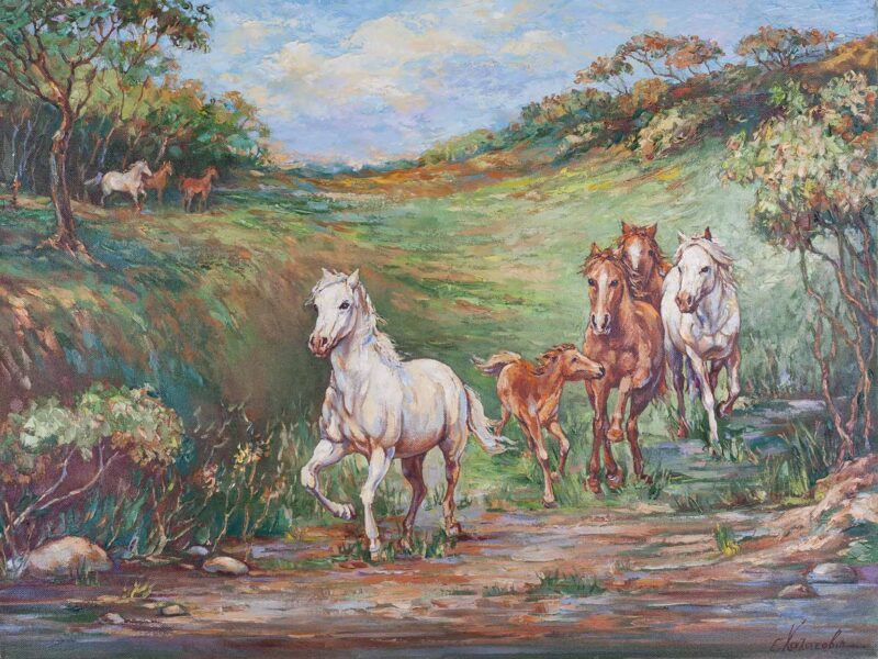 wild horses running - chalatova eleni original painting - landscape - oil colors in canvas