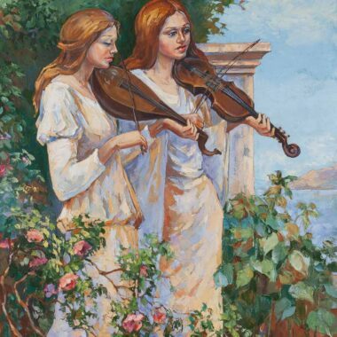 eleni chalatova painting oil, two girls with violins, in the natutr