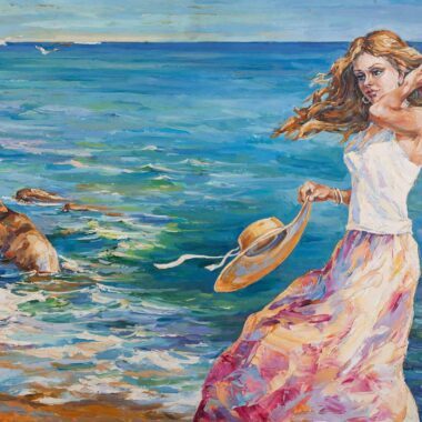 chalatova eleni oil painting a woman gazin the sea with a hat