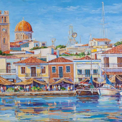 Chalatova eleni acrylic painting of aegina island port with sea, bright colors