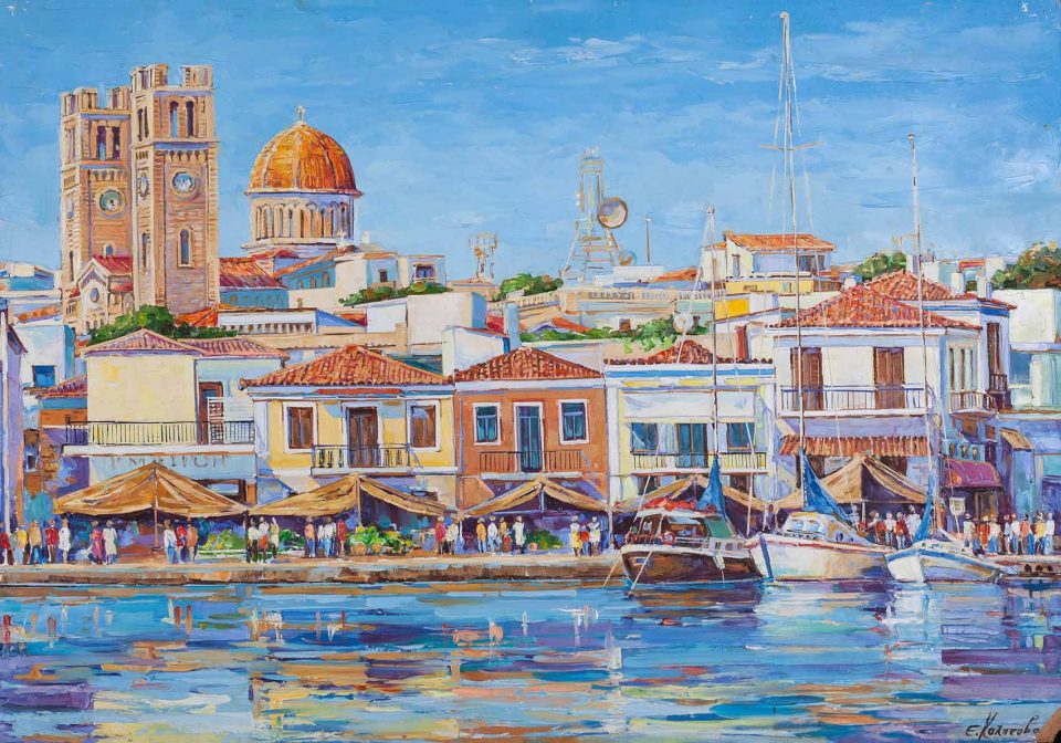 Chalatova eleni acrylic painting of aegina island port with sea, bright colors