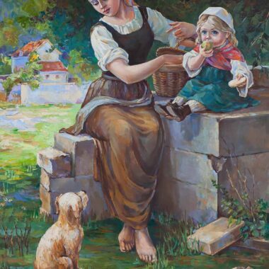 eleni chalatova painting, dog little child woman, in the nature, little village, oil colors