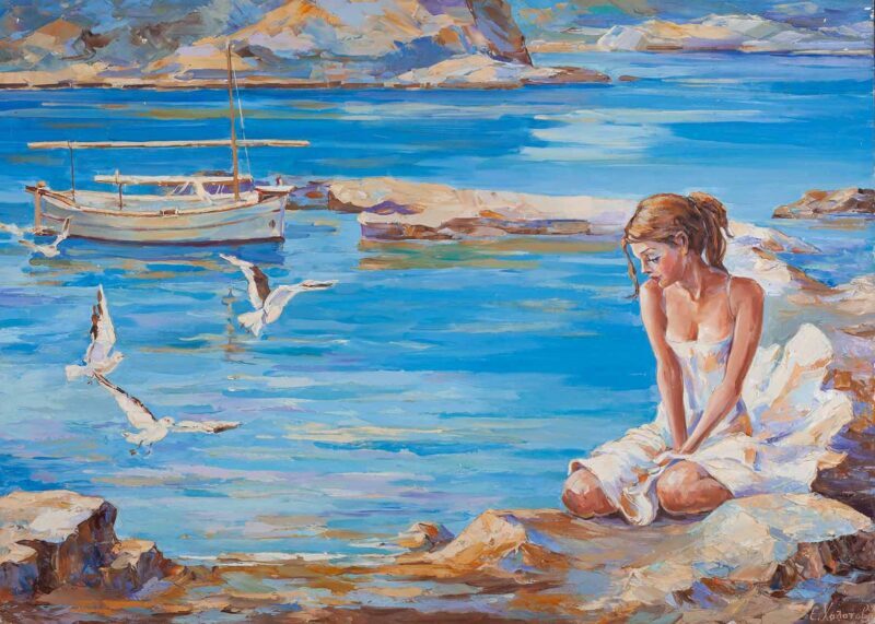chalatova eleni - seagulls and woman in the sea with white dress, oil painting