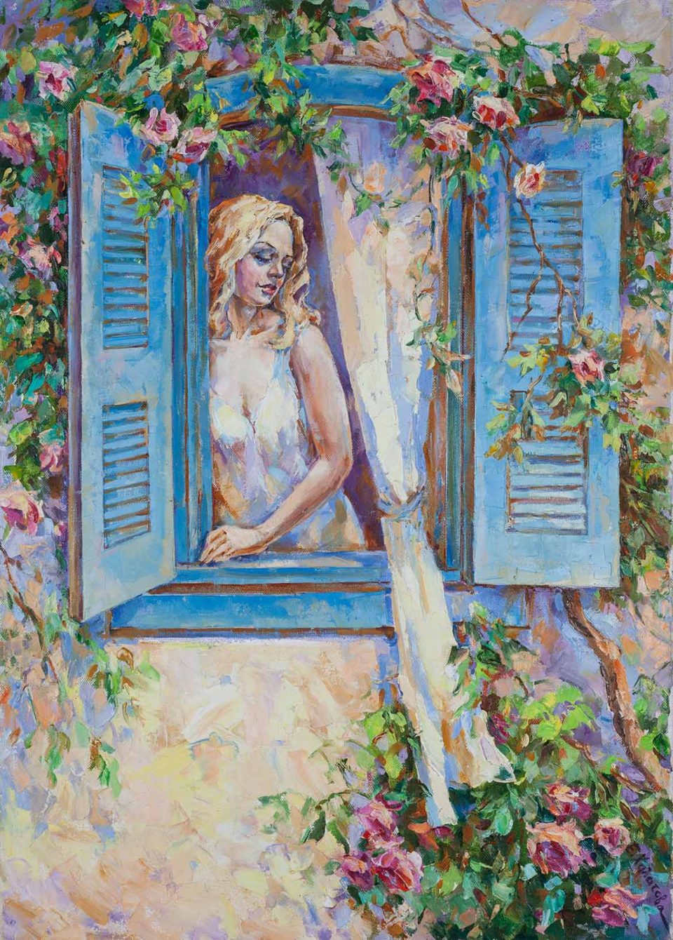 woman at the window, eleni chalatova original painting, oil colors, island vibes