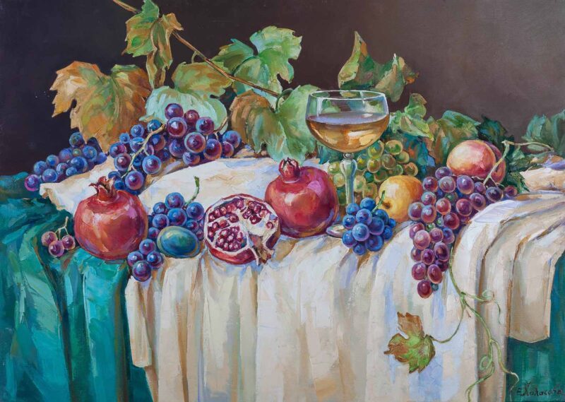 still life painting, eleni chalatova with grapes