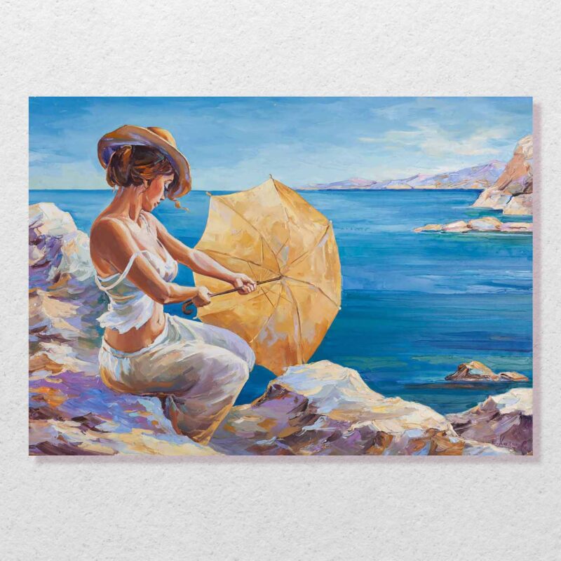 Woman with yellow umbrella original painting, oil colors, chalatova eleni, sea, rocks, landscape