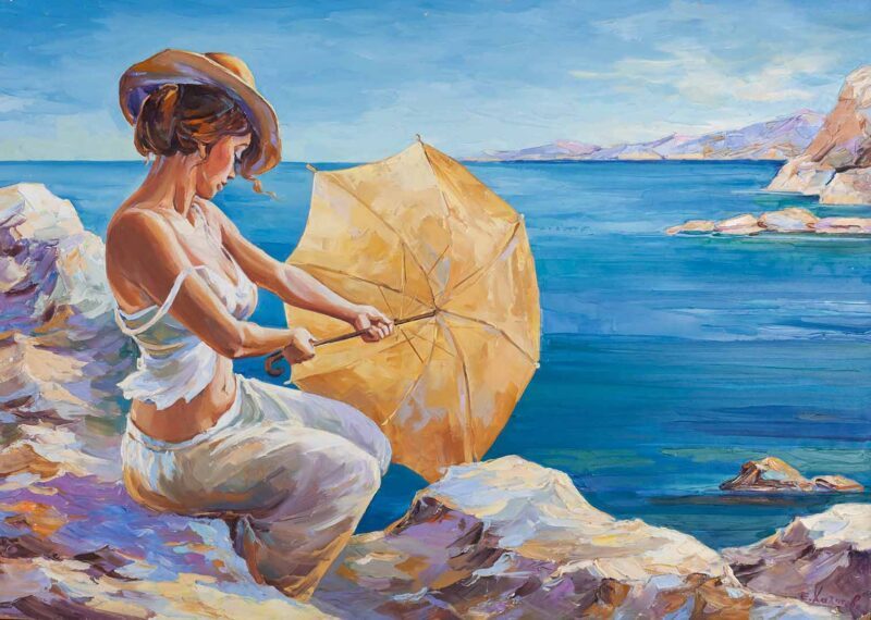 Woman with yellow umbrella original painting, oil colors, chalatova eleni, sea, rocks, landscape