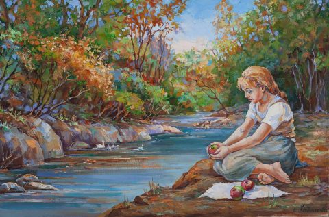 Chalatova eleni river and a girl painting with oil