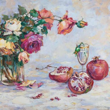 oil painting, chalatova eleni still life, roses, pomegrand