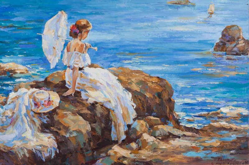 figure gazing in the sea, with umbrella and rocks, eleni chalatova oil painting