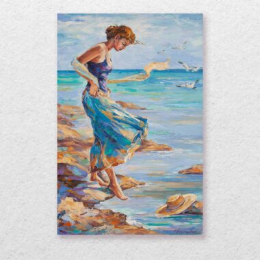 girl in the sea, chalatova eleni, oil painting, sea, island