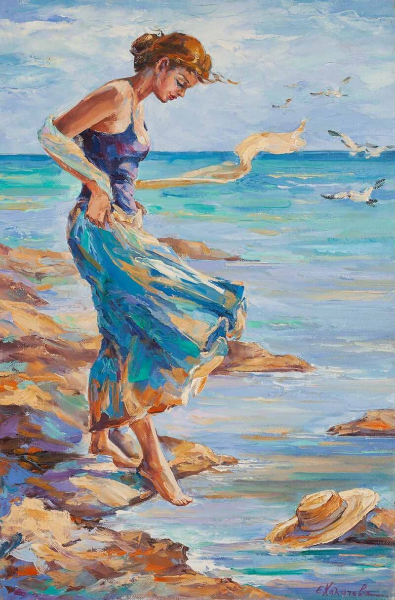 girl in the sea, chalatova eleni, oil painting, sea, island