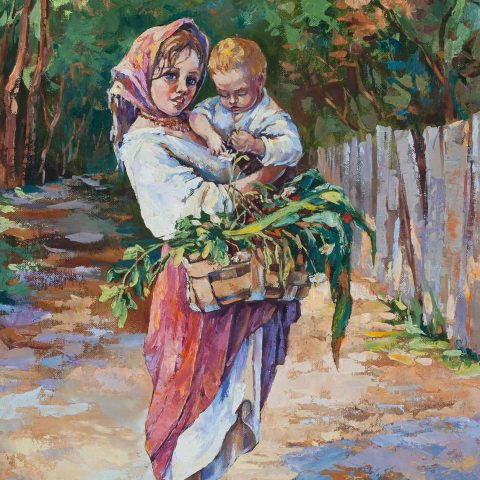 Chalatova eleni oil painting, baby with mom in the nature , flowers spring, gipsy