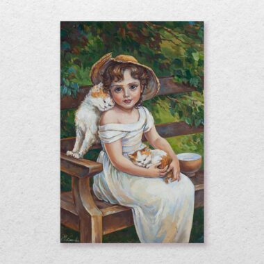 Chalatova Eleni oil painting, girl with cats,baby cat , two cats, nature original painting