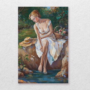 spring, eleni chalatova, original oil painting , woman with hat sitting in a rock in the river