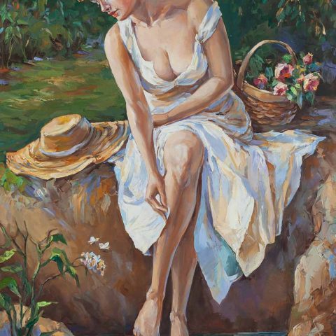spring, eleni chalatova, original oil painting , woman with hat sitting in a rock in the river
