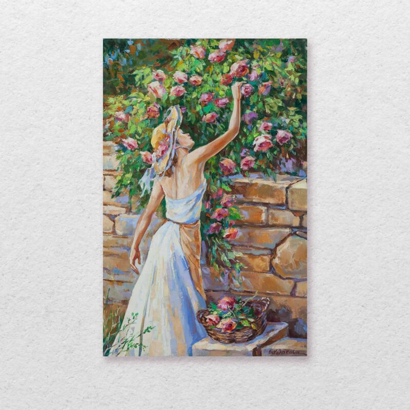Woman in a garden with roses wearing hat, eleni chalatova original oil painting classic painting