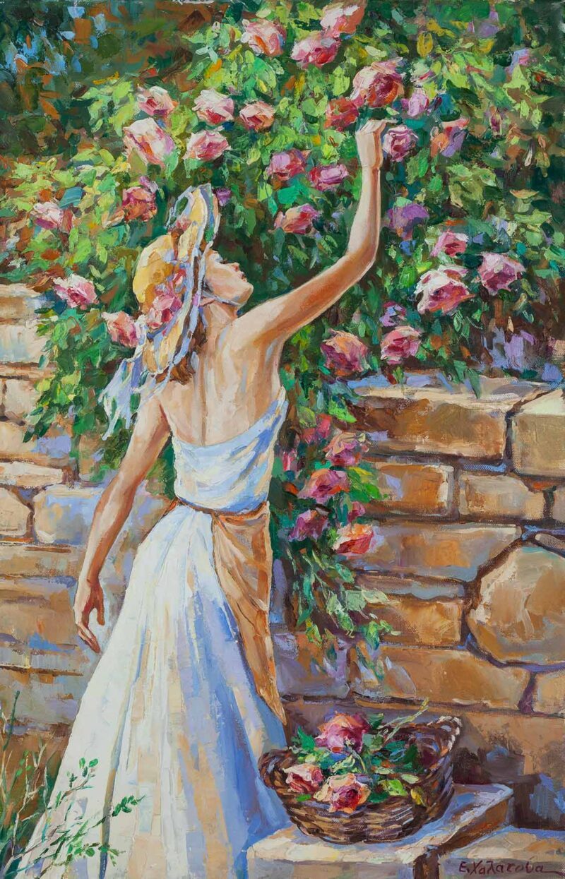 Woman in a garden with roses wearing hat, eleni chalatova original oil painting classic painting