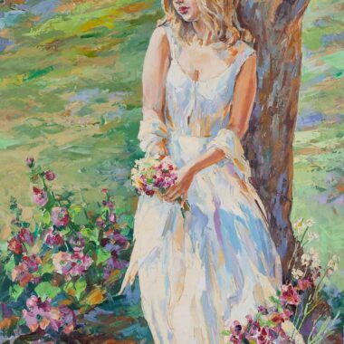 chalatova eleni, spring, oil painting girl in a green valley with flowers