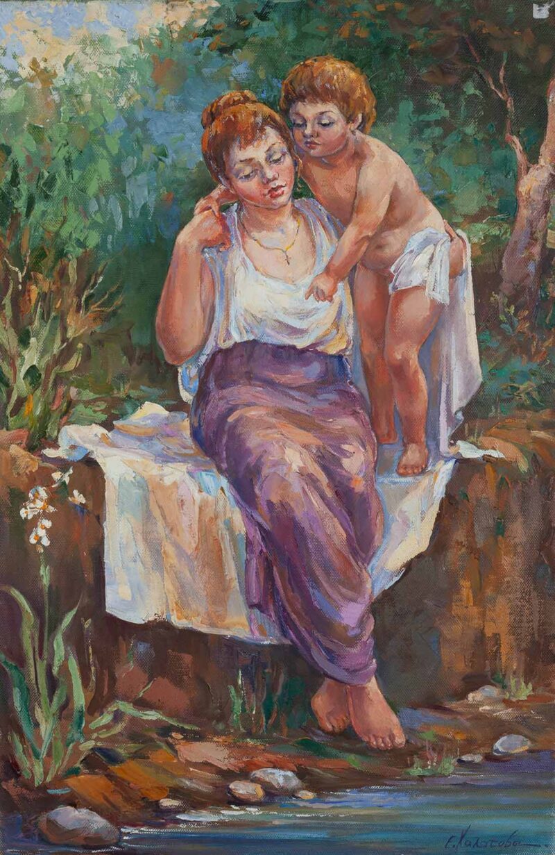 chalatova eleni original oil painting woman sitting with her little sun in the river, xalatova painting, pinakes zografikis aythenika erga texnis