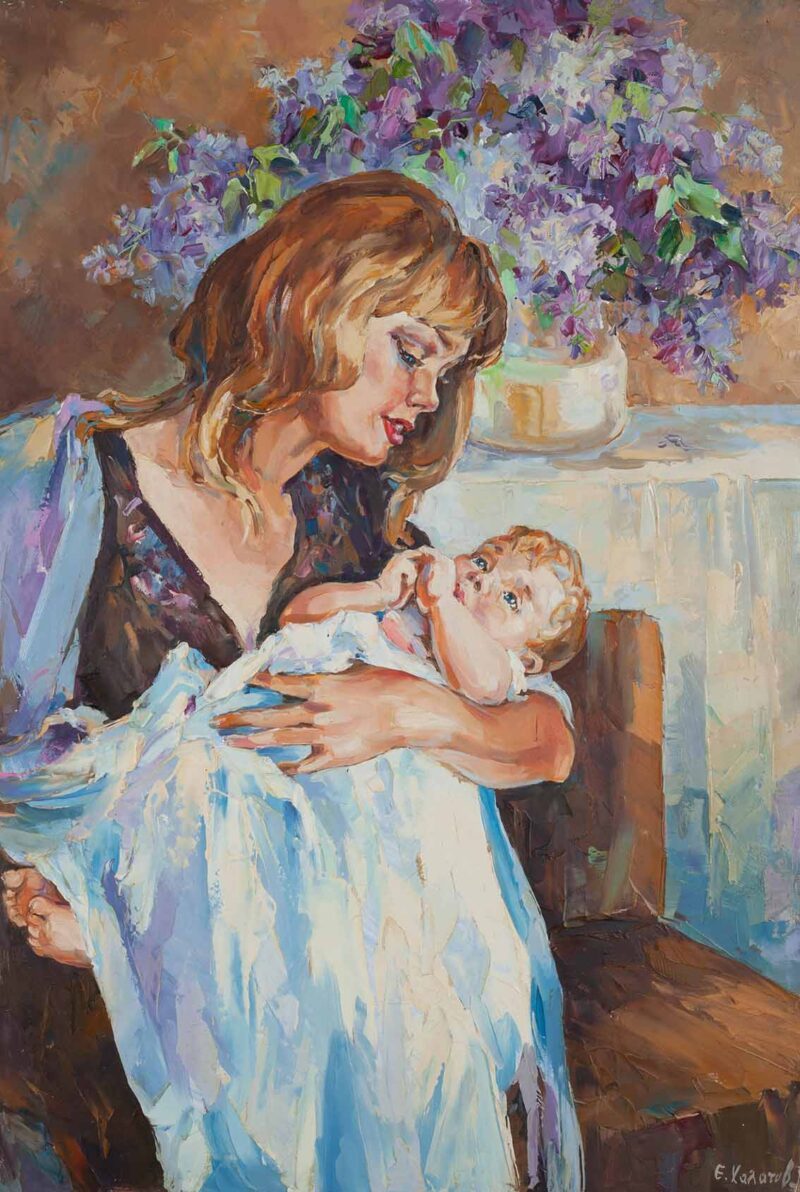 new born baby oil painting chalatova eleni, pinakas zografikis elaiografia, eleni xalatova, mwro me mama, neogennito mwro pinakas