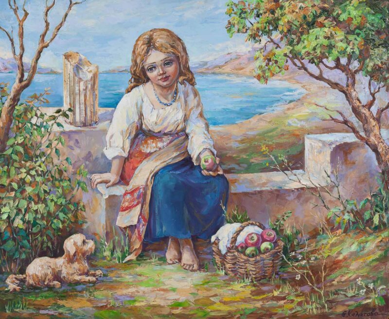 chalatova eleni oil painting girl with apples,and dog ancient greek landscape, xalatova eleni elaiografia koritsi me mila, remvazi dipla sti thalassa