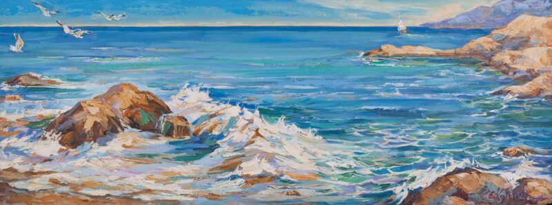 Chalatova eleni ,oil painting with sea rocks and waves, landscape , xalatova eleni pinkas zwgrafikis elaiografia, kymata sti thalassa