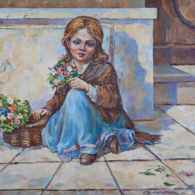 chalatova eleni oil painting, girl sitting with flowers, xalatova eleni pinakas zwgrafikis elaiografia
