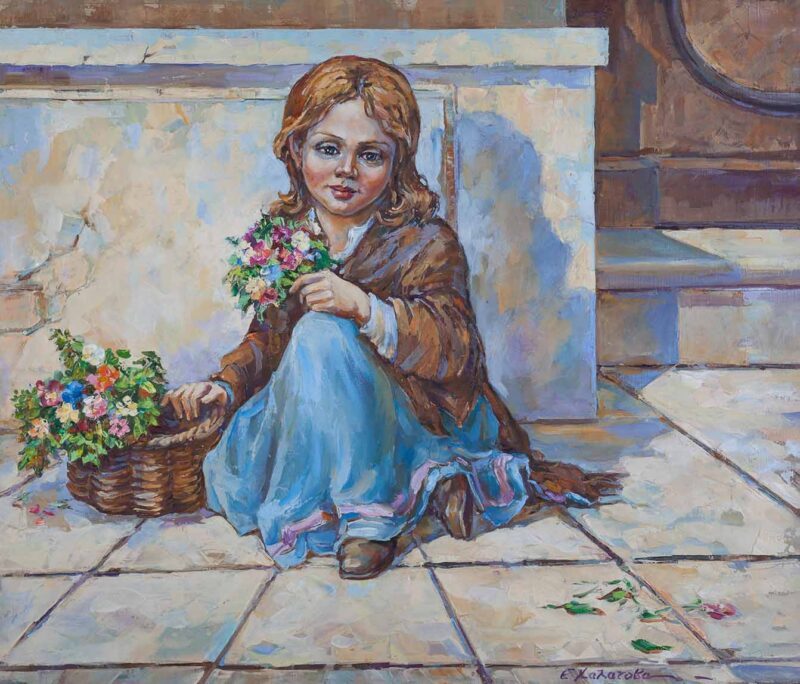 chalatova eleni oil painting, girl sitting with flowers, xalatova eleni pinakas zwgrafikis elaiografia