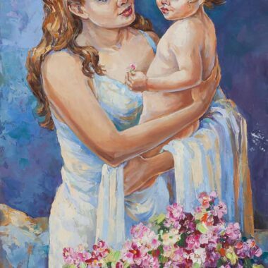 chalatova oil painting, motherhood, mother hug her baby, flowers, xalatova eleni, neogenito mwro, pinakas zwgrafikis, elaiografia