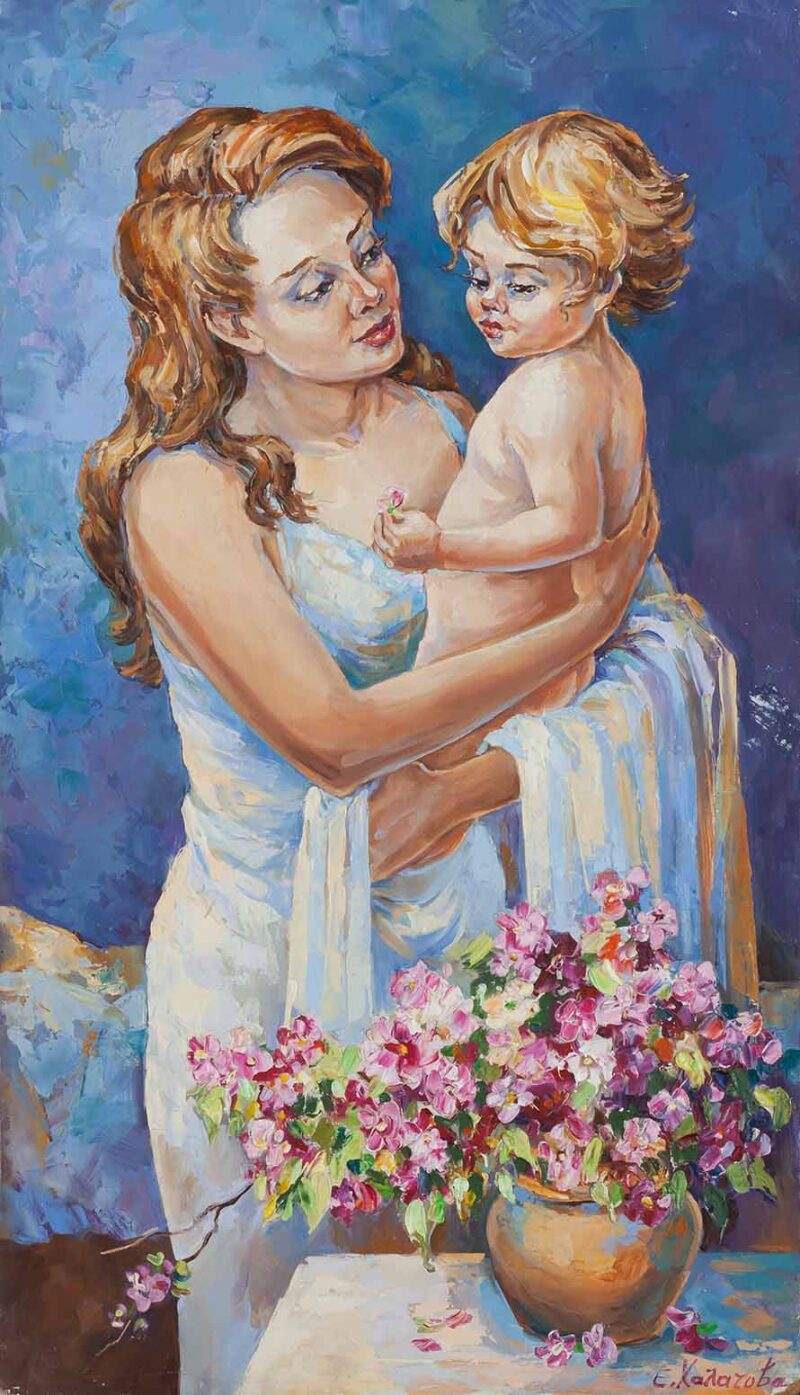 chalatova oil painting, motherhood, mother hug her baby, flowers, xalatova eleni, neogenito mwro, pinakas zwgrafikis, elaiografia