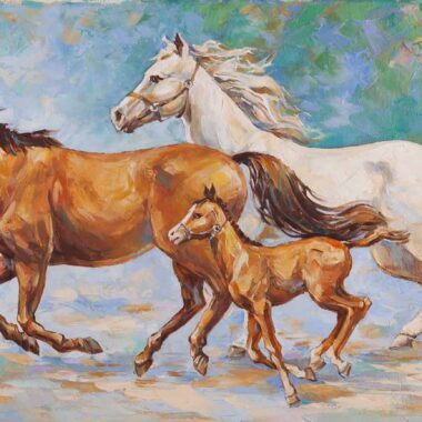 oil painting, chalatova eleni, horses family running free, elaiografia se kamva , xalatova eleni, agria aloga