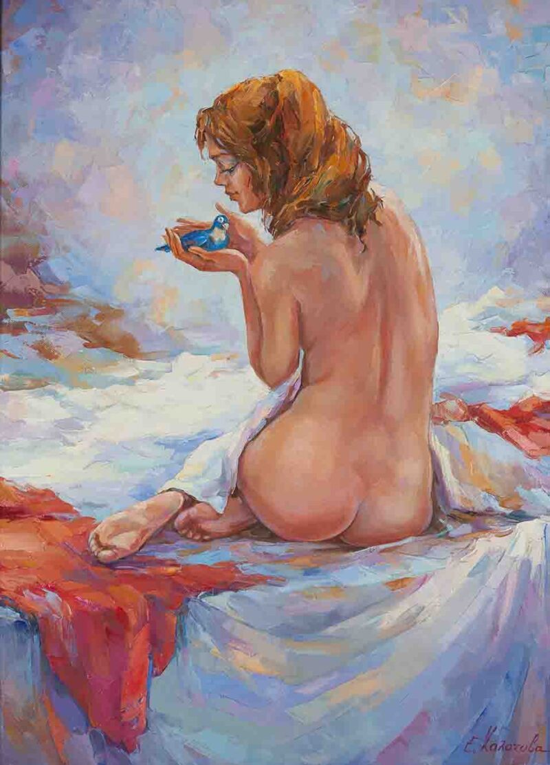 chalatova eleni,oil painting, nude woman with blue bird on a bed, xalatova eleni elaiografia se kamva gymno