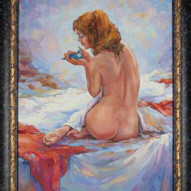 chalatova eleni,oil painting, nude woman with blue bird on a bed, xalatova eleni elaiografia se kamva gymno, me korniza, with frame