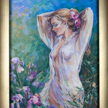 chalatova oil painting, almost nude woman in the nature,spring, xalatova eleni elaiografia se kamva , gymno, anoiksi, louloudia, with frame, me korniza