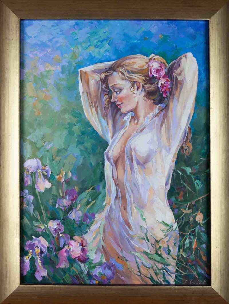 chalatova oil painting, almost nude woman in the nature,spring, xalatova eleni elaiografia se kamva , gymno, anoiksi, louloudia, with frame, me korniza