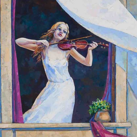 Chalatova eleni, oil painting, woman with violin, girl figure, window, xalatova eleni elaiografia se kamva, gynaika pou paizei violi