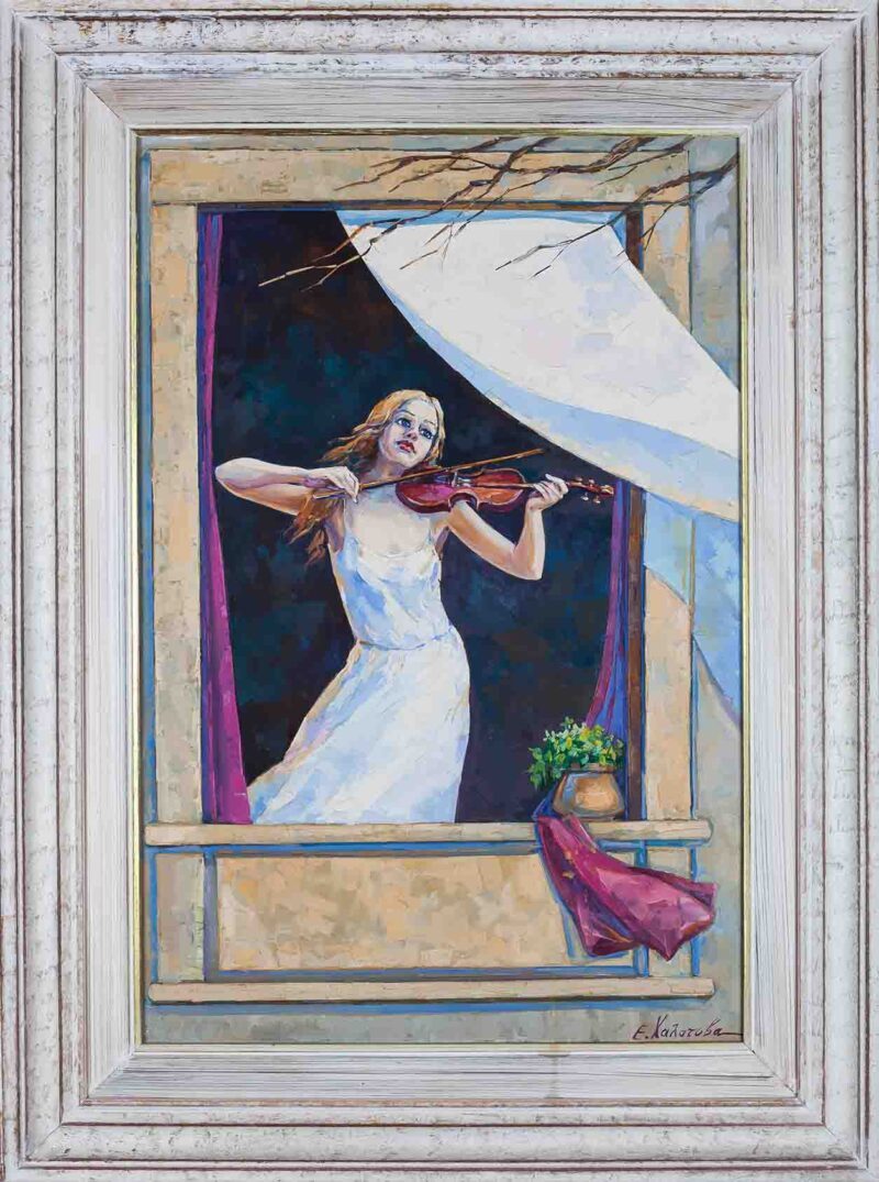 Chalatova eleni, oil painting, woman with violin, girl figure, window, xalatova eleni elaiografia se kamva, gynaika pou paizei violi, with frame, me korniza