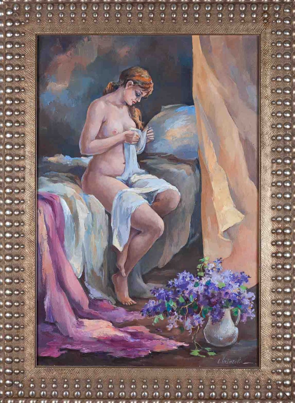 chalatova eleni, original oil painting, nude woman,xalatova eleni elaiografia , gymno, pinakas zografikis, with frame, me korniza