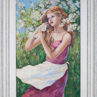 chalatova eleni, oil painting woman in the nature with flowers, xalatova eleni elaiografia se kamva, gynaika me louloudia