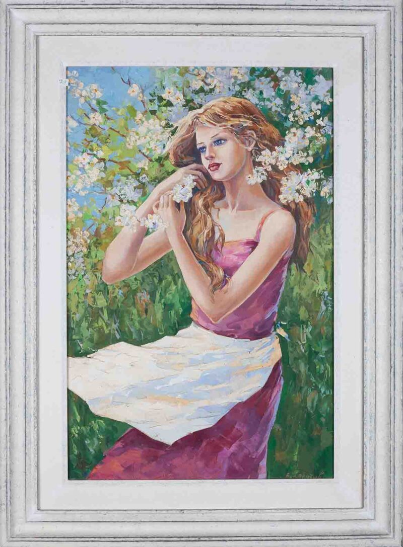 chalatova eleni, oil painting woman in the nature with flowers, xalatova eleni elaiografia se kamva, gynaika me louloudia