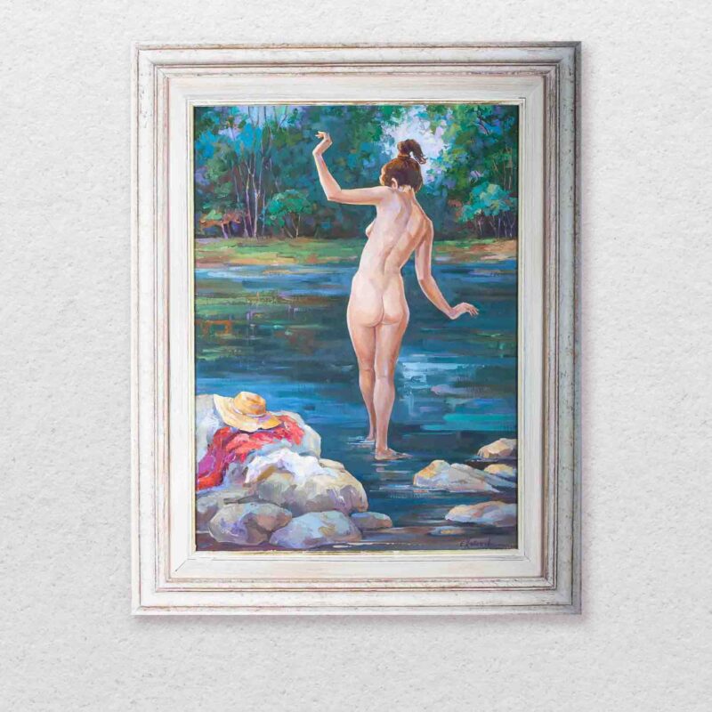 chalatova eleni, oil painting,nude woman in the nature, xalatova eleni elaiografia se kamva gymni gynaika se potami