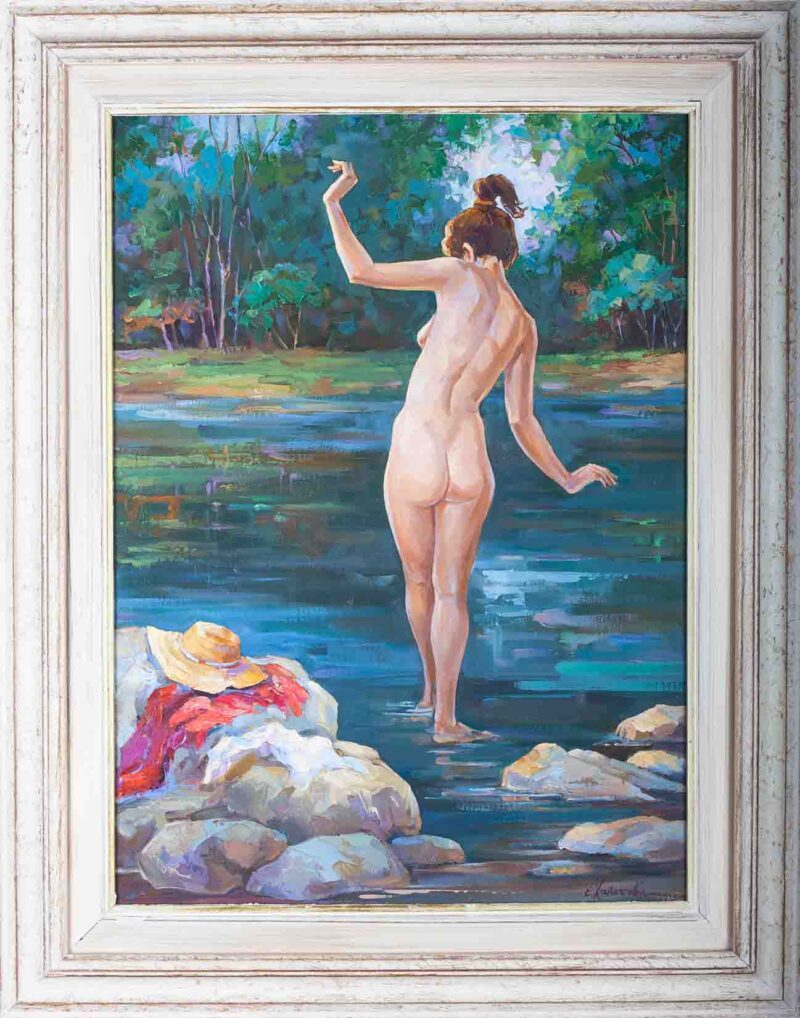 chalatova eleni, oil painting,nude woman in the nature, xalatova eleni elaiografia se kamva gymni gynaika se potami