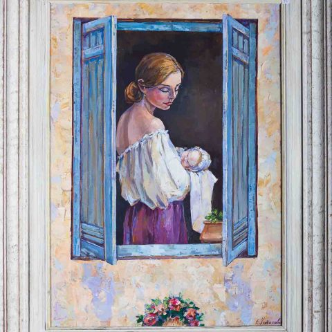 chalatova eleni oil painting, from the window woman mum with new born baby in her hug, xalatova eleni elaiografia,neogennito mwro agkalia me mama