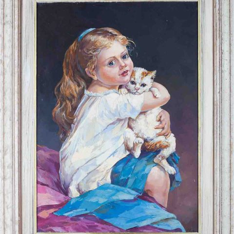 chalatova eleni, oil painting girl, little girl hug its pet, hug little cat, xalatova eleni elaiografia se kamva