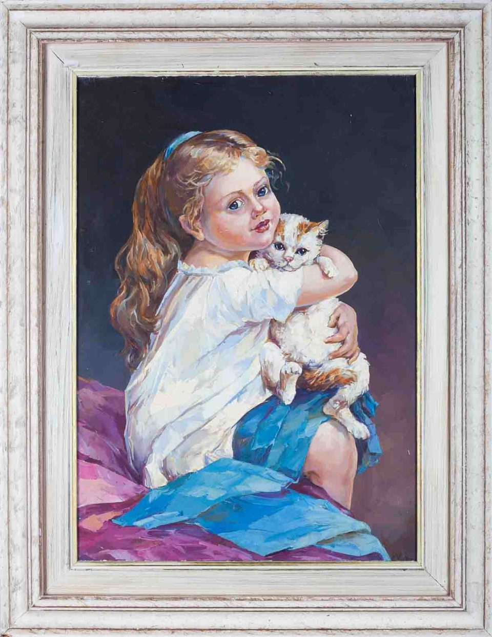 chalatova eleni, oil painting girl, little girl hug its pet, hug little cat, xalatova eleni elaiografia se kamva