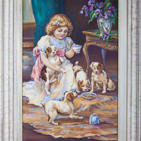 chalatova eleni, original oil painting, puppies , family with puppies , dogs, vintage, xalatova eleni, pinakas zwgrafikis elaiografia, oikogenia me skilia kai koritsi poy ta frontizei