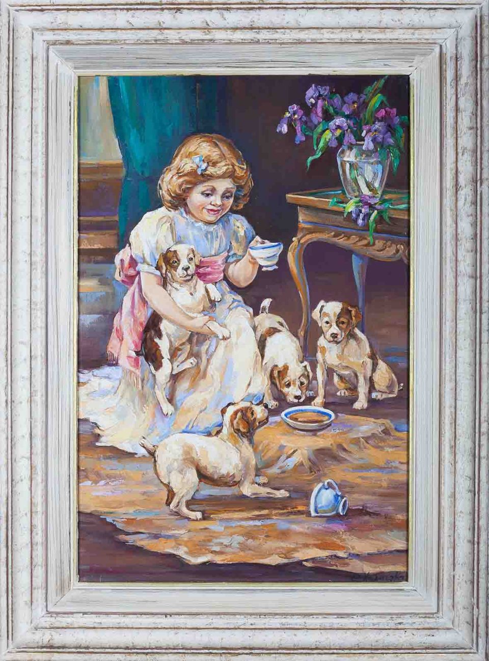 chalatova eleni, original oil painting, puppies , family with puppies , dogs, vintage, xalatova eleni, pinakas zwgrafikis elaiografia, oikogenia me skilia kai koritsi poy ta frontizei
