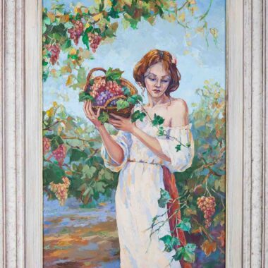 chalatova eleni, oil painting, woman with grapes in the nature, xalatova eleni elaiografia se kamva.gynaika me stafilia,